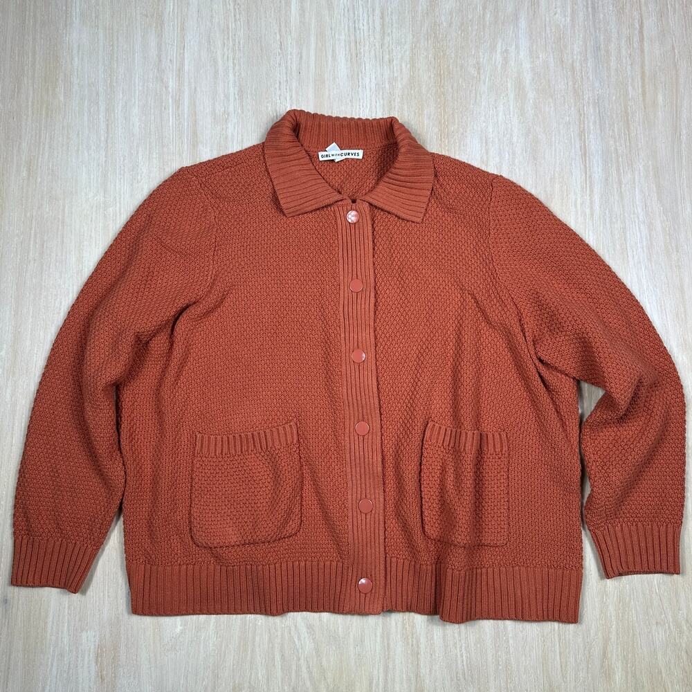 Girl With Curves Rust Orange Collared Pocket Cozy Knit Fall Button Cardigan 2X